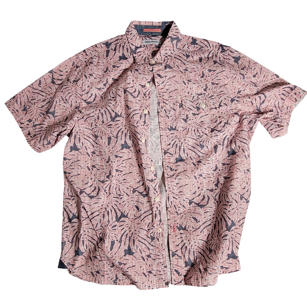 Tommy Bahama Mens Large Red Blue Tropical Palm Leaf Short Sleeve Shirt